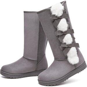 Women's Warm Mid Calf Boots Fuzzy Ladies Booties Classic Bow Tie Grey